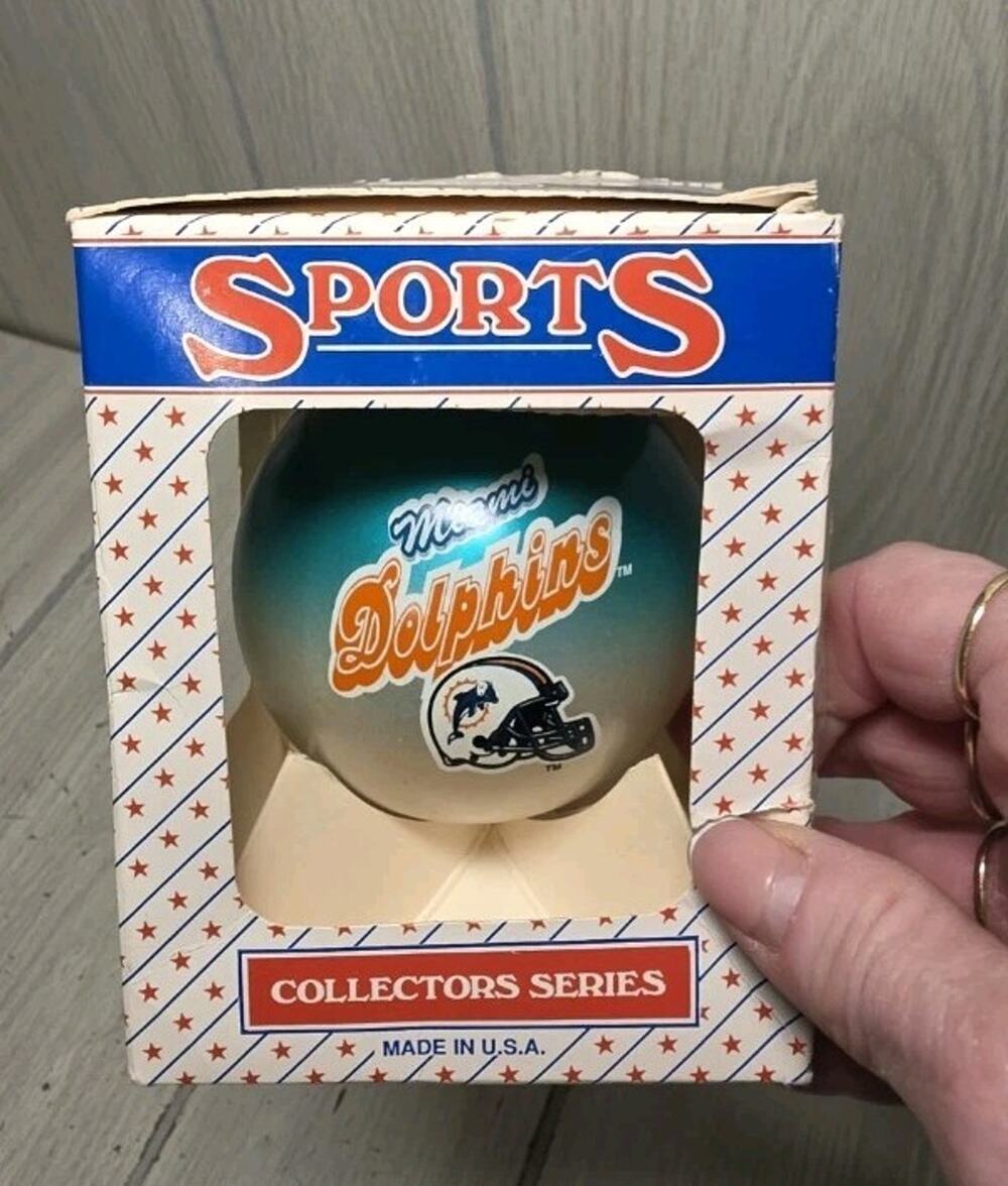 Vintage NFL Miami Dolphins Glass Christmas Ornament Football Team Green Orange